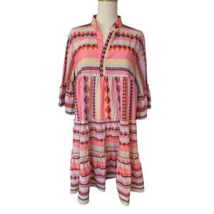 Aztec Bohemian Tiered Ruffle Folk Spring Easter Dress Coquette Girl NWT L Retro